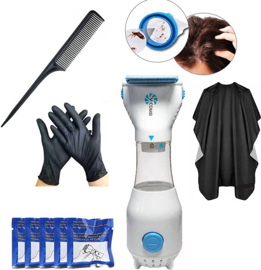V-Comb Elektrische Luizenkam voor Mens & Dier met 5 Filters 5 Paar Handschoenen Kapperscape Kam Netenkam Luizenkam Electrisch Luizenkammen Vlooienkam Luizen
