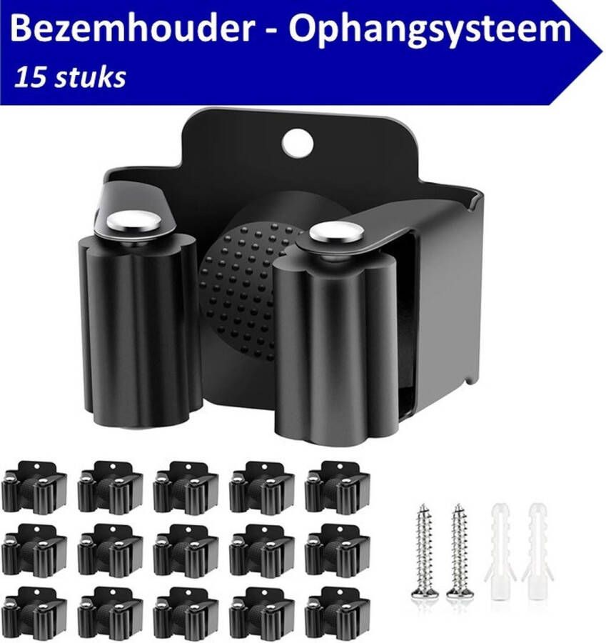 V&F PREMIUM Bezem ophangsysteem 15 stuks – RVS – Zwart – Bezemhouders – ophangsysteem Bezem – Ophangsysteem Tuingereedschap – Gereedschapshouder – Bezem houder – Gereedschapsklem – Bezemhouder ophangsysteem – Gereedschaphouder