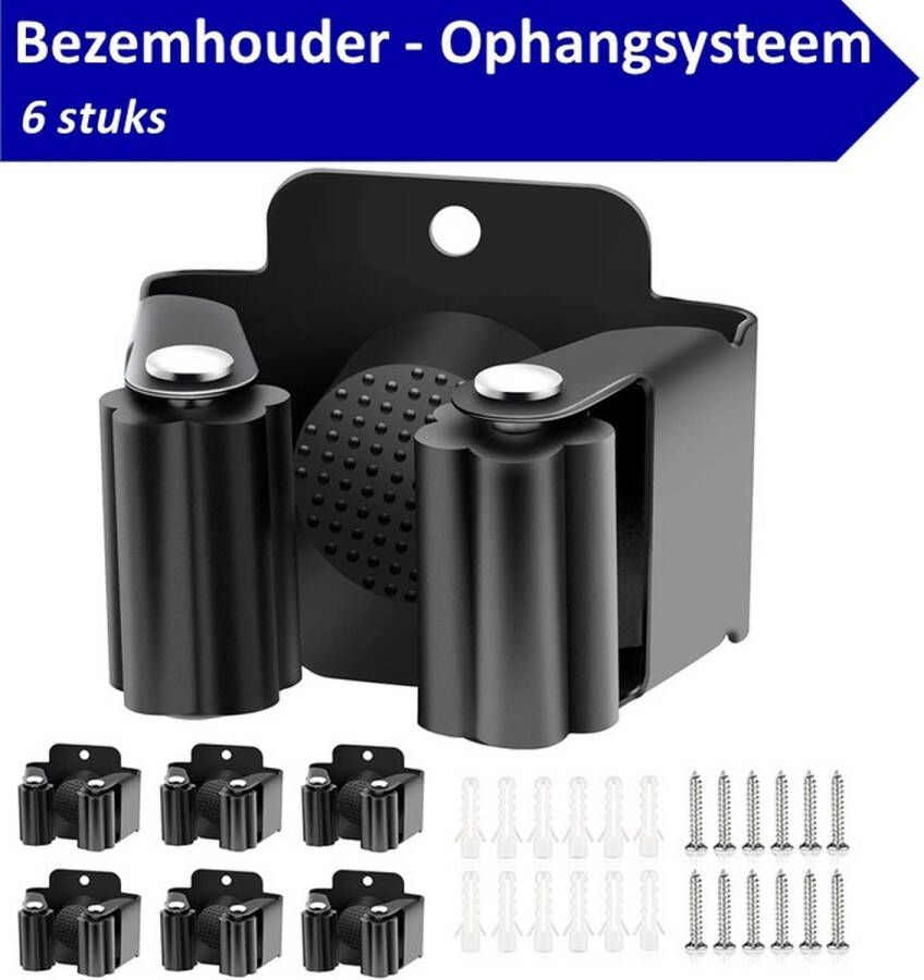 V&F PREMIUM Bezem ophangsysteem 6 stuks – RVS – Zwart – Bezemhouders – ophangsysteem Bezem – Ophangsysteem Tuingereedschap – Gereedschapshouder – Bezem houder – Gereedschapsklem – Bezemhouder ophangsysteem – Gereedschaphouder