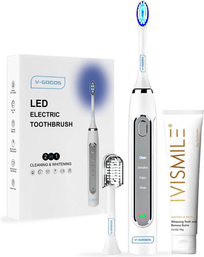 V-Goods 2 in 1 Elektrische Tandenborstel Sonische Tandenborstel met Whitening Functie INCLUSIEF Whitening Tandpasta Sonicare Voor Mannen Vrouwen en Kinderen