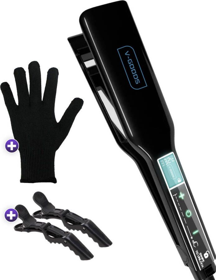 V-Goods 2 in 1 Professionele Stijltang Bruikbaar als Krultang Inclusief Hitte Beschermende Handschoenen en 2 Haarclips