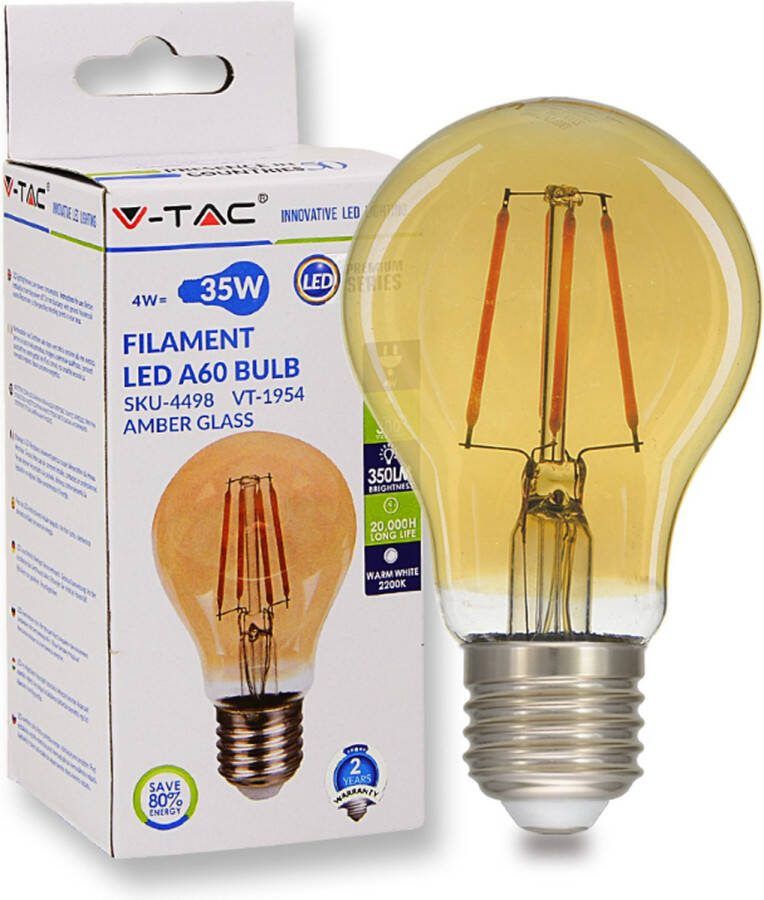 V-tac E27 Standaard LED Lamp -Super Warm Wit (< 2200K) -4 Watt vervangt 35W Halogeen