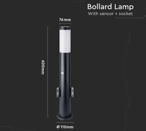 V-tac LED Sokkellamp Dally M Zwart Incl. Bewegingssensor en 2 stopcontacten E27 Fitting IP44 60 cm buitenstopcontact met lamp staande buitenlamp