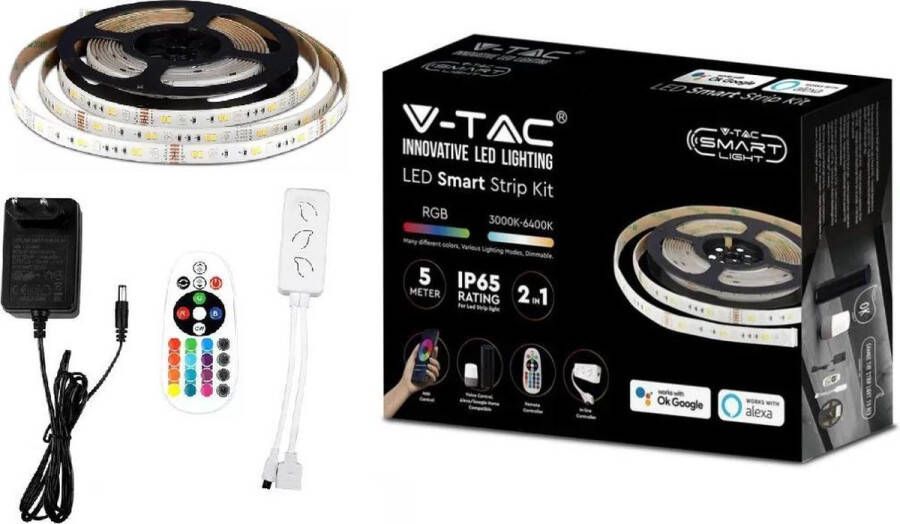 V-tac Smart Led Strip 5 meter RGB en Warm Wit Inclusief afstandsbediening Bediening via App Wifi led strip 5 meter Led Light Strip – IP65