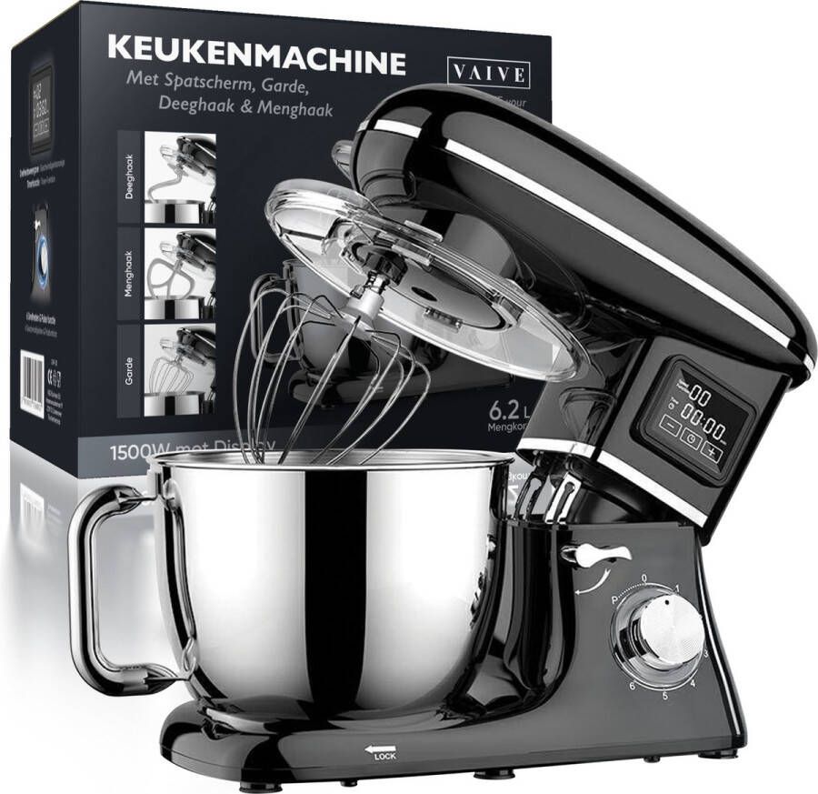 VAIVE Keukenmachine Display en Timer Topklasse Keukenrobot Keukenmixer 6 2L 1500W Zwart