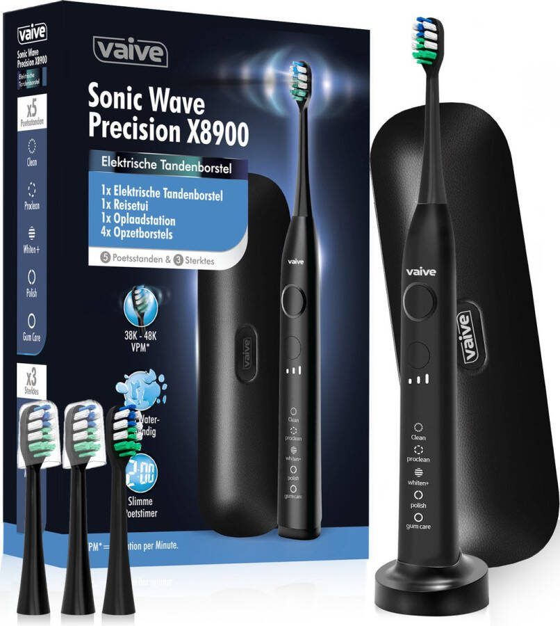 VAIVE Sonic Wave Precision X8900 Elektrische Tandenborstel 48000 VPM 5 Standen 3 Niveaus 4 Borstelkoppen & Reisetui