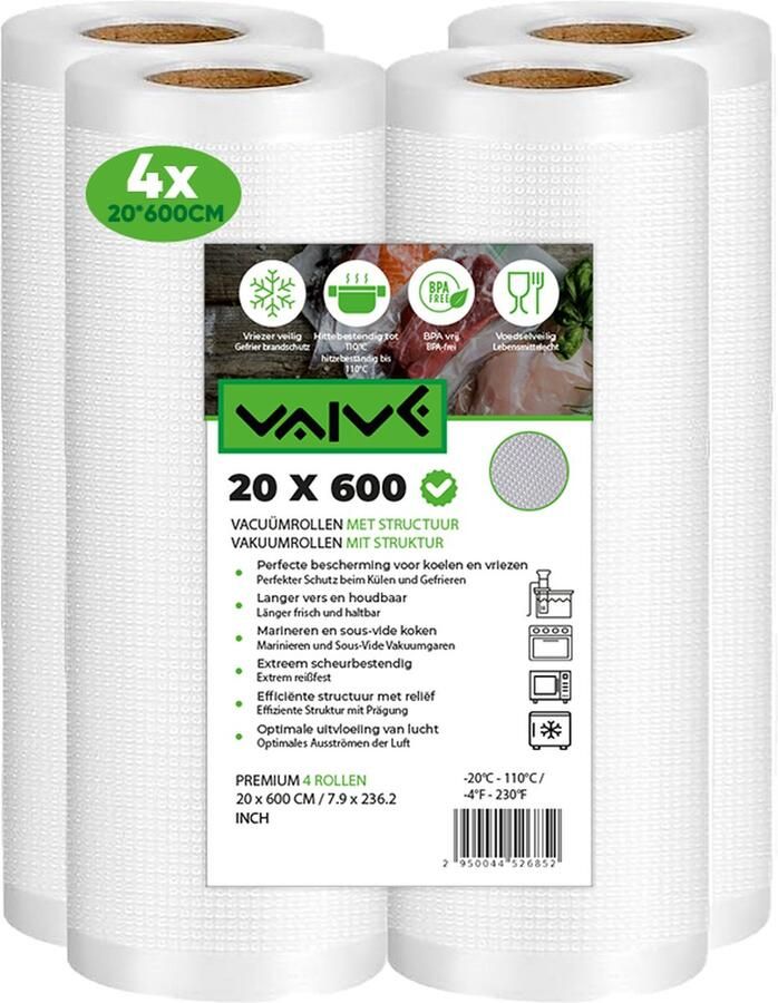 VAIVE Vacumeerrollen 4 stuks 20 x 600 Vacuumzakken Voedsel Vacumeerzakken Vacuum sous vide zakken BPA vrij