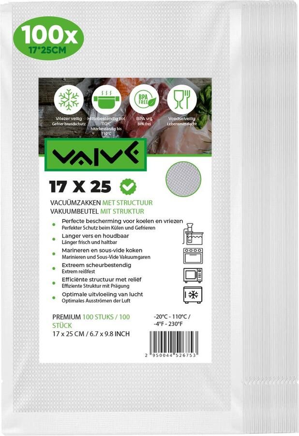 VAIVE Vacuumzakken Voedsel 17 x 25 100 stuks Vacumeerzakken Vacuum sous vide zakken BPA vrij