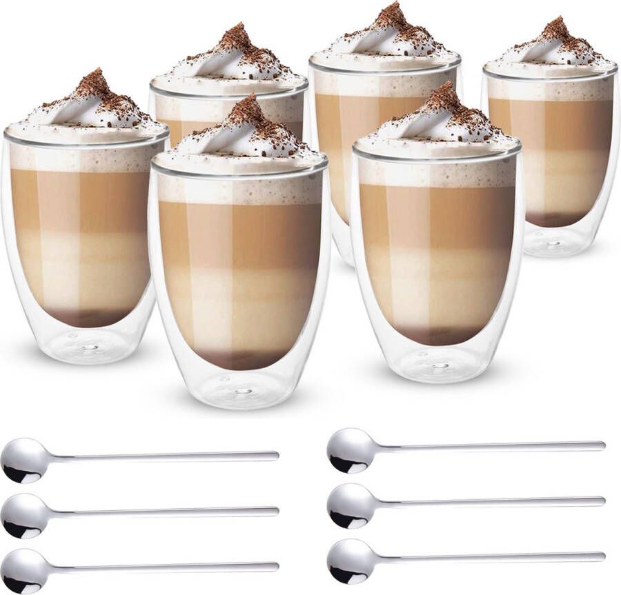 Vaja Trends Vaja Dubbelwandige Koffieglazen 6 stuks 350 ML Dubbelwandige Glazen Koffietas Koffietassen Theeglazen met Lepel- Latte Macchiato Glazen Cappuccino Glazen Theeglas Koffieglazen Set