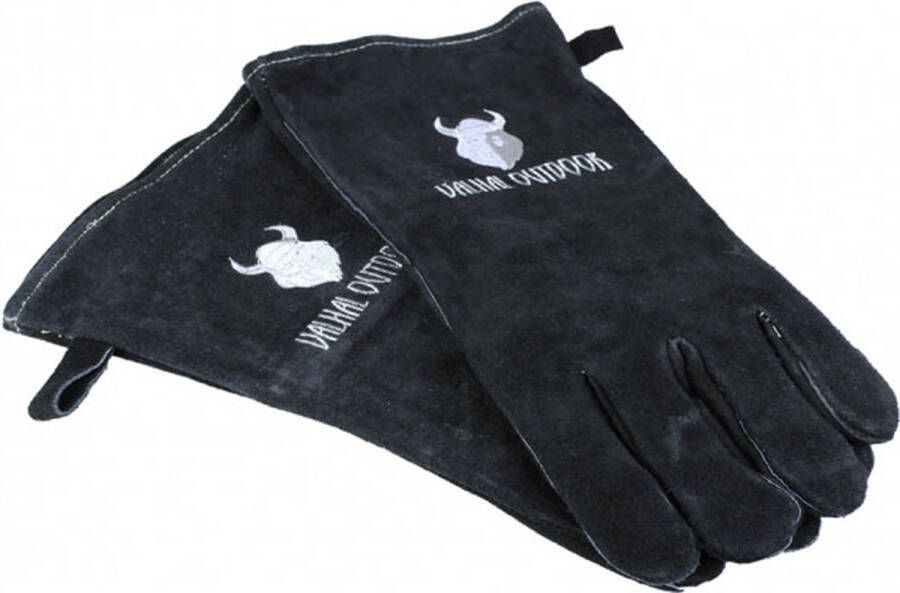 Valhal Outdoor BBQ handschoenen suede leer zwart geborduurd logo barbecue VH.GLOVES