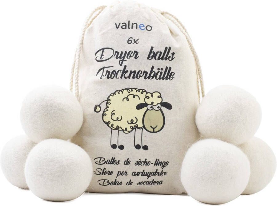 Valneo 6 drogerballen voor wasdroger in wit van 100% natuurlijke schapenwol eco wasbal Dryer Balls geschikt als wasverzachter voor je droger