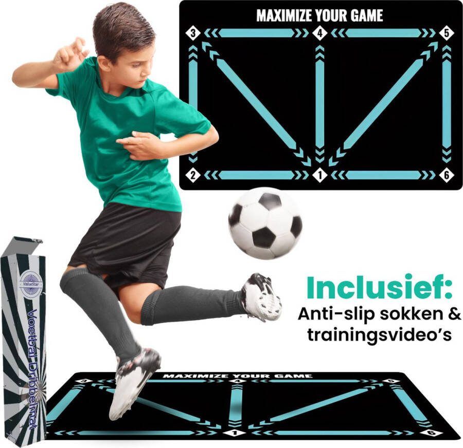 ValueStar Voetbal Trainingsmat Dribbelmat Voetbal Training Mat Voetbaltrainingsmateriaal Voetbal Trainingsmateriaal Voetbal Training Voetbal Spullen VoetbalDribbelen Incl. 8 trainingsvideo's en gripsokken 90x60 cm Opvouwbaar