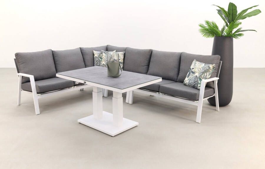 Van der Garde Tuinmeubelen Azoren lounge dining set links white (tafel verstelbaar in hoogte)