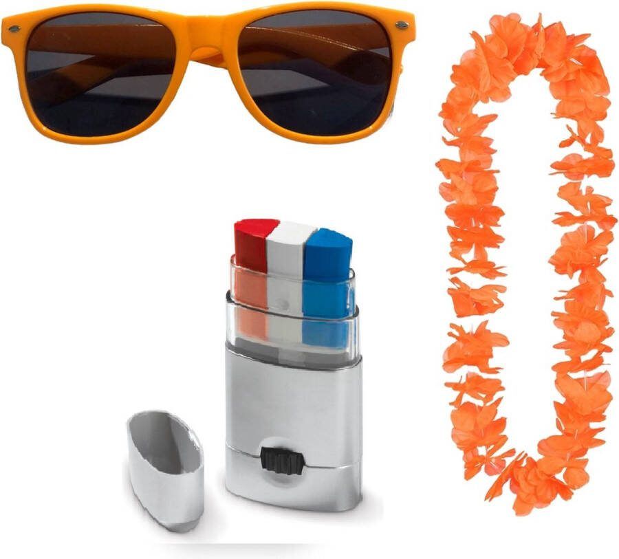 Van Doorn Feestartikelen Oranje Feestpakket Oranje Bril Oranje Hawaii Krans Schminkstick rood wit blauw voor Koningsdag EK WK Olympische Spelen