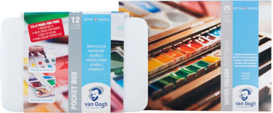 Van Gogh Aquarelverf pocket box Basic Colours met 12 kleuren in halve napjes + 3 gratis kleuren en postkaarten