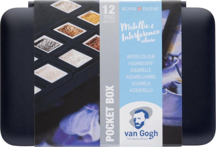 Van Gogh aquarelverf pocketbox 12 napjes met penseel metallic en granulerende kleuren
