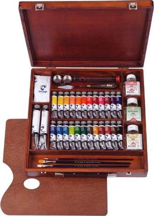 Van Gogh Oil Colour kist Expert 24 x 20 ml + 2 x 60 ml olieverf met penselen palet paletdoppen schildersmes hulpmiddelen en reinigingsdoekje