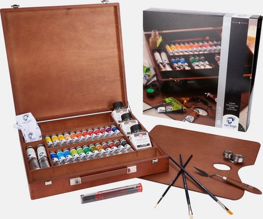Van Gogh Oil Colour kist Expert 24 x 20 ml + 2 x 60 ml olieverf met penselen palet paletdoppen schildersmes hulpmiddelen en reinigingsdoekje