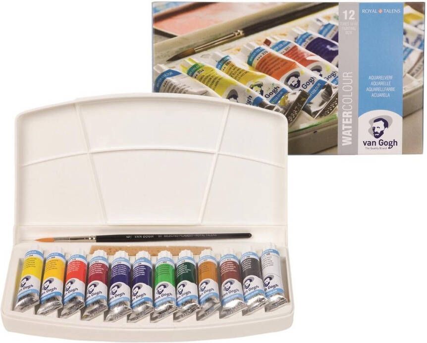 Van Gogh Water Colour set 12 kleuren 10 ml tubes aquarel aquarelverf met penseel sponsje en mengschaal transparante waterverf