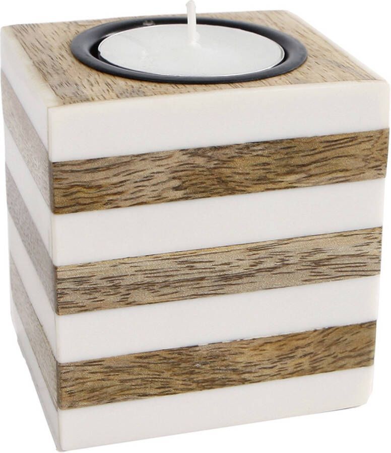 VAN MANEN 2 Theelichtjes Stripes naturel wit vierkant hout 6 5x6 5x7 5cm en 5.5x5.5x5.2cm