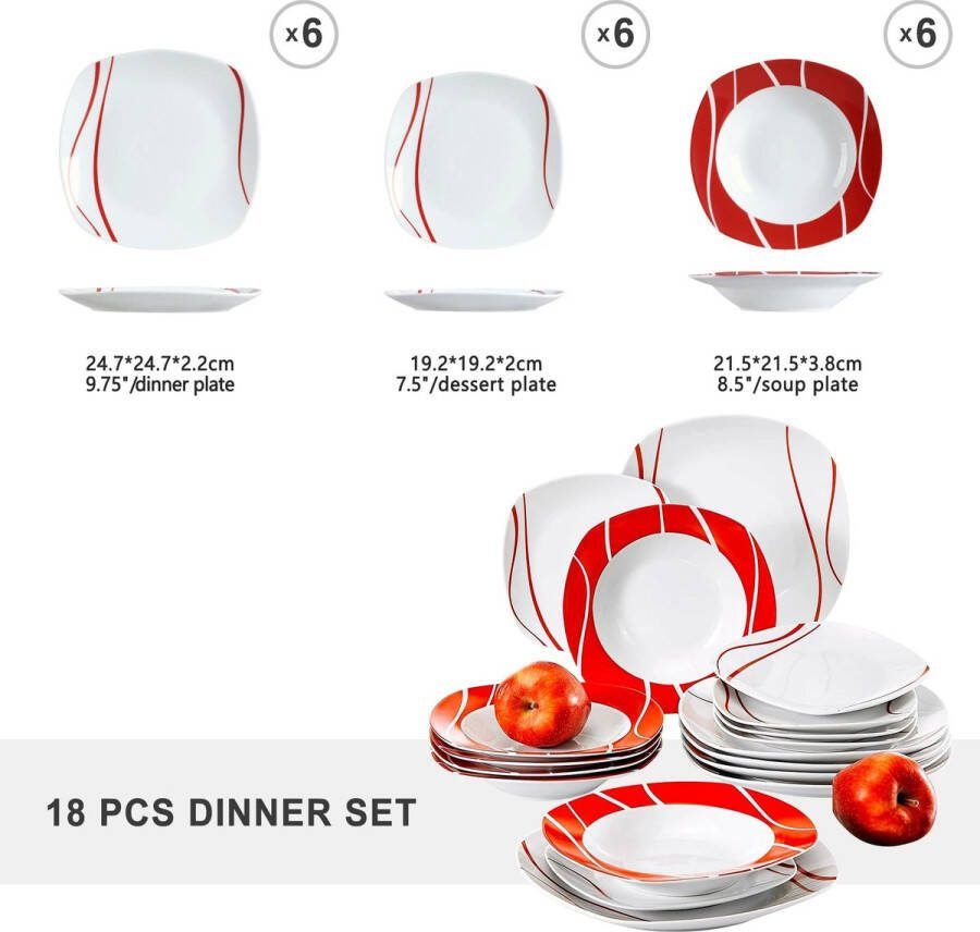 Vancasso Malacasa Felisa 18 delig Wit Rood Porselein Schotel Dessertsoep Dinerbord Servies set