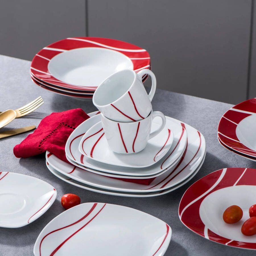 Vancasso Porselein Dinerset 3 stuks met Kop Tafelgerei set Elegante Servies set Serviesset wit met rood Klassiek Serviesset Wit met Rood