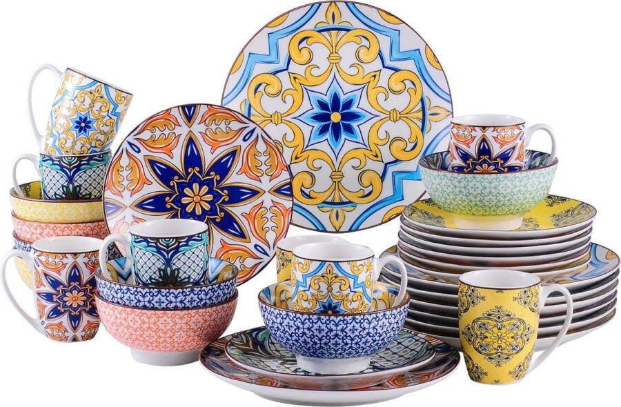 Vancasso Servies Serviesset 32 delig 8 persoons Servies Jasmijn Stijl Keramisch Geometrisch patroon Kleurrijk