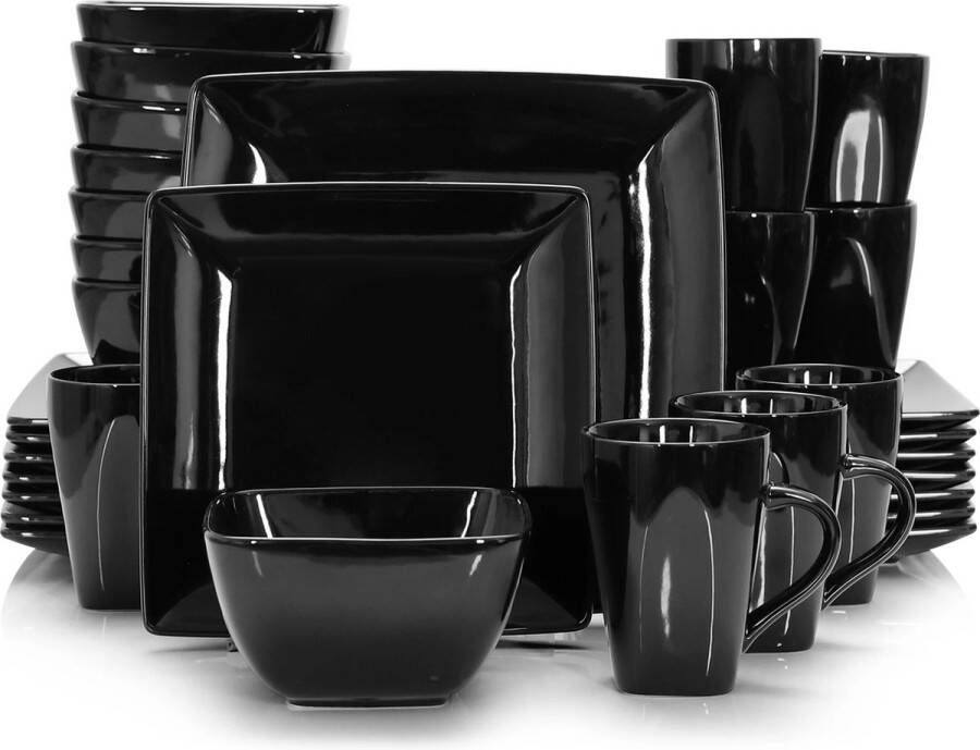 Vancasso Serviesset Zwart 32 stuks Chique Serviesset Tafelgerei set Vierkante Serviesset Zwart Keramisch Porselein Elegante serviesset met kom Zwart