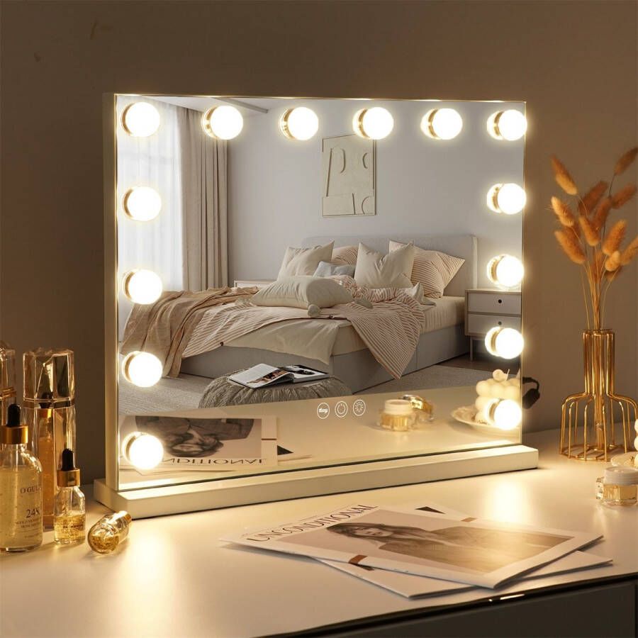 VANITII Hollywood Bright Make-up Spiegel Tricolor Lichtinstelling -10x Vergrootglas Wit 50cmx40cm