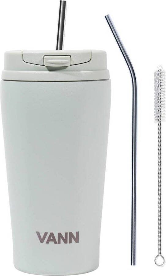VANN 3-wandige Tumbler met rietje en RVS thermosbeker in 1 – Beker met rietje en deksel – Travel mug + 3 accessoires + Ebook – 12 uur koud 8 uur warm Grijsgroen