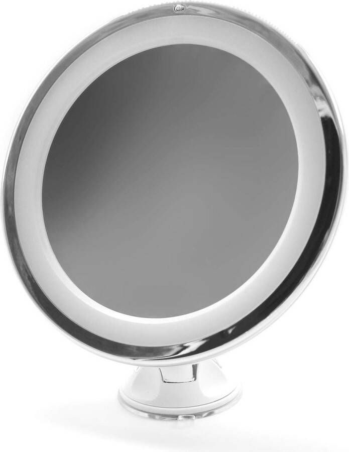 Vara Cosmetische spiegel met LED-verlichting 10x vergroting stabiele voet met sterke zuignap werkt op batterijen incl. 3x AA batterijen 360° draaibaar niet-verblindende verlichting voor thuis en onderweg