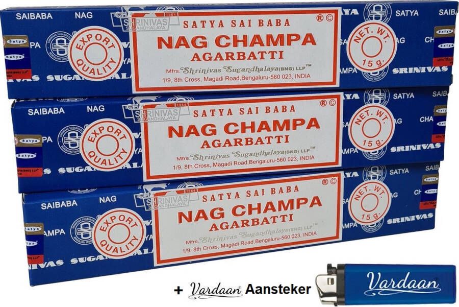 Vardaan Satya Nag Champa Wierook Agarbatti klassiek staafjes Zoete & Aardse Geur 3 x 15 gram 3 stuks Wierookstokjes + aansteker