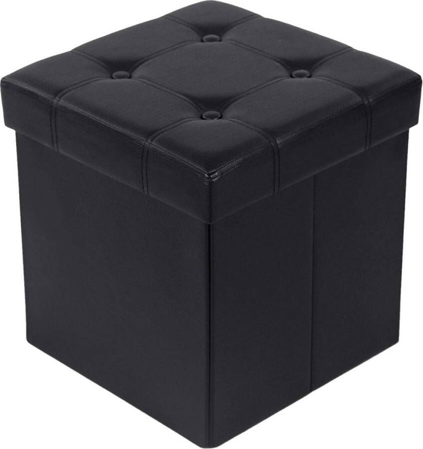 VASA® Zitbank Hocker zwart kunstleer 38x38x38cm | Opbergruimte met deksel | Opvouwbare poof vierkant zitblok