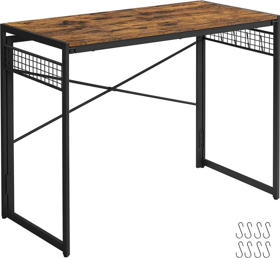 Vasagle computertafel opklapbaar bureau met 8 haken werkplek geen gereedschap nodig industrieel ontwerp voor thuiskantoor laptop en pc vintage bruin-zwart lwd42x