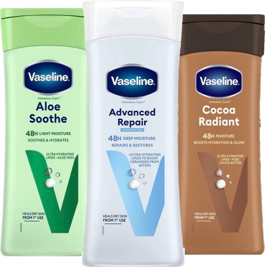 Vaseline Bodylotion Try Out Advanced Repair Aloë Soothe Cacoa Radiant