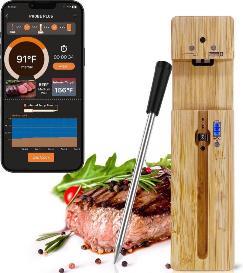 Vastar Vleesthermometer Oventhermometer BBQ Thermometer Vleesthermometer Met Bluetooth en App BBQ Accessoires Thermometer Keukenthermometer Digitaal PROBE PLUS
