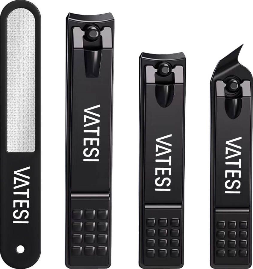 VATESI Professionele Nagelknipper Set met Nagelvijl 4 Stuks Kalknagels Teennagels Nageltang Manicure & Pedicure Set Zwart