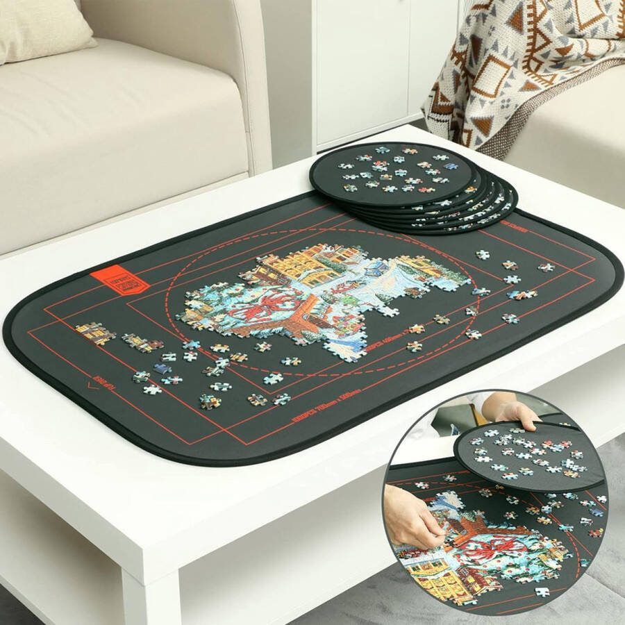 VBZ Puzzelmat 1000 Stukjes – Puzzelbord Met 6 Laden Opvouwbare Puzzelmap Met Opbergtas – Portapuzzle – Zwart – 700x500mm