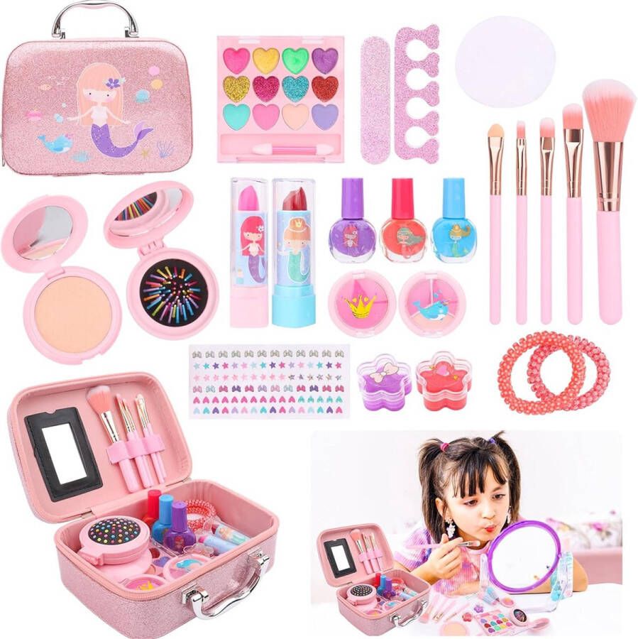 VBZ 24 delige Make Up Set Make Up Koffer Meisjes Make Up Speelgoed Met Draagbare Koffer Kappersset Speelgoed – Roze