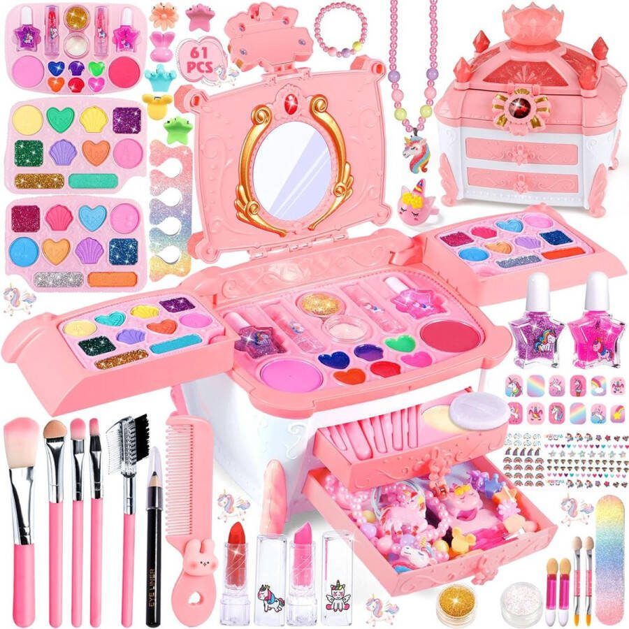 VBZ 61 delige Make Up Set Make Up Koffer Meisjes Make Up Speelgoed Met Draagbare Koffer Kappersset Speelgoed – Roze