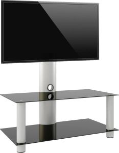 Hioshop Valeni Mini Tv-meubels Met 2 Glazen Legplanken Zilverkleurig Zwart Glas.