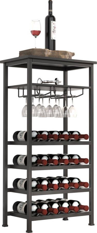 VDD Wijnrek industrieel design wijnkast zwart rek voor opbergen 20 flessen met glashouder 50 x 32 x 100 cm