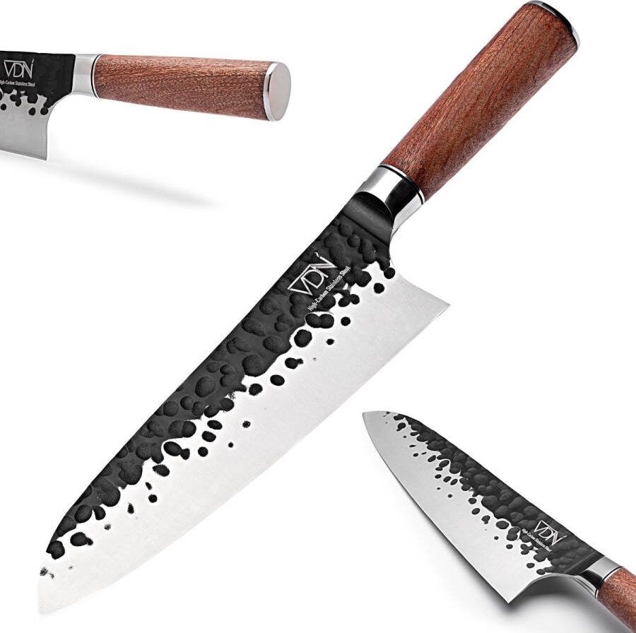 VDN Blast Serie Koksmes Groot 33 CM Palissander Hout Handvat Gehamerd Staal Chique Geschenkverpakking