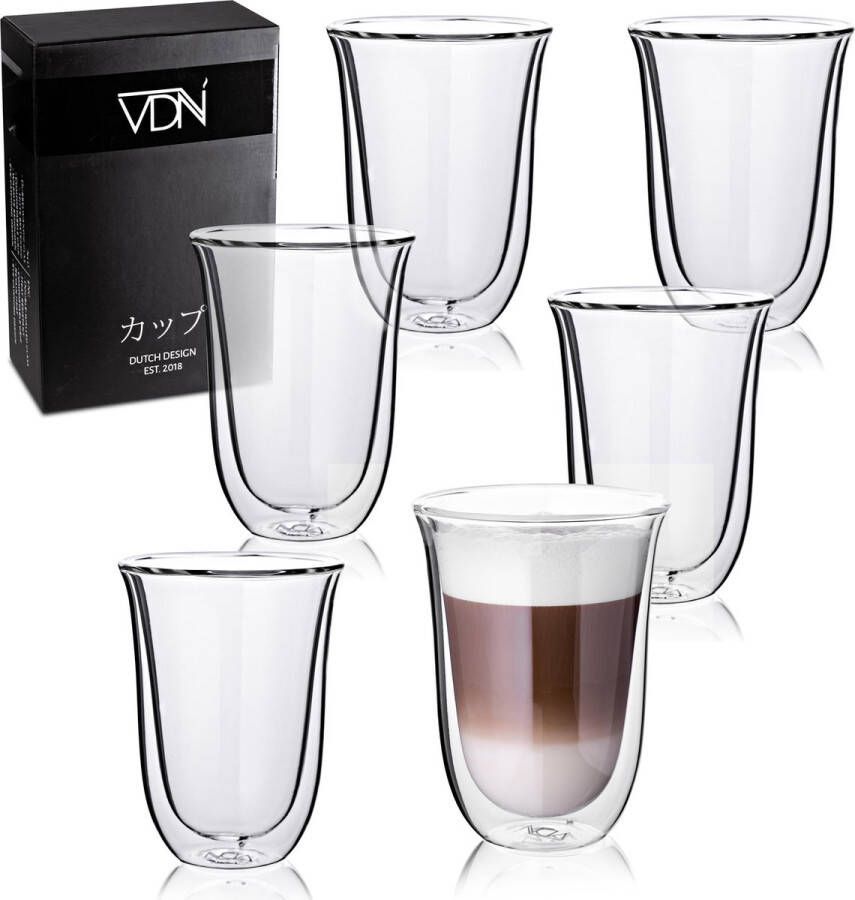 VDN Dubbelwandige Koffieglazen Theeglazen 300 ML mokken Set Van 6 Handgeblazen Cappuccino Latte Macchiato Glazen Dubbelwandig Kerstcadeau