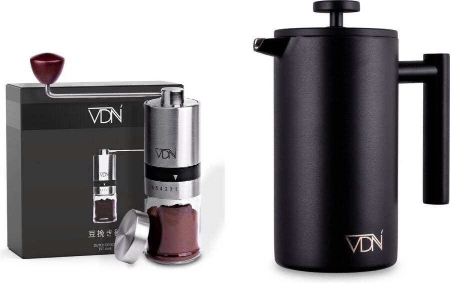 VDN French Press Cafetiere & Handmatige Koffiemolen Set 0.7L Dubbelwandige RVS Koffiepers + 6-standen Koffiebonen Maler met Stalen Schijven Zwart Complete Koffie-ervaring