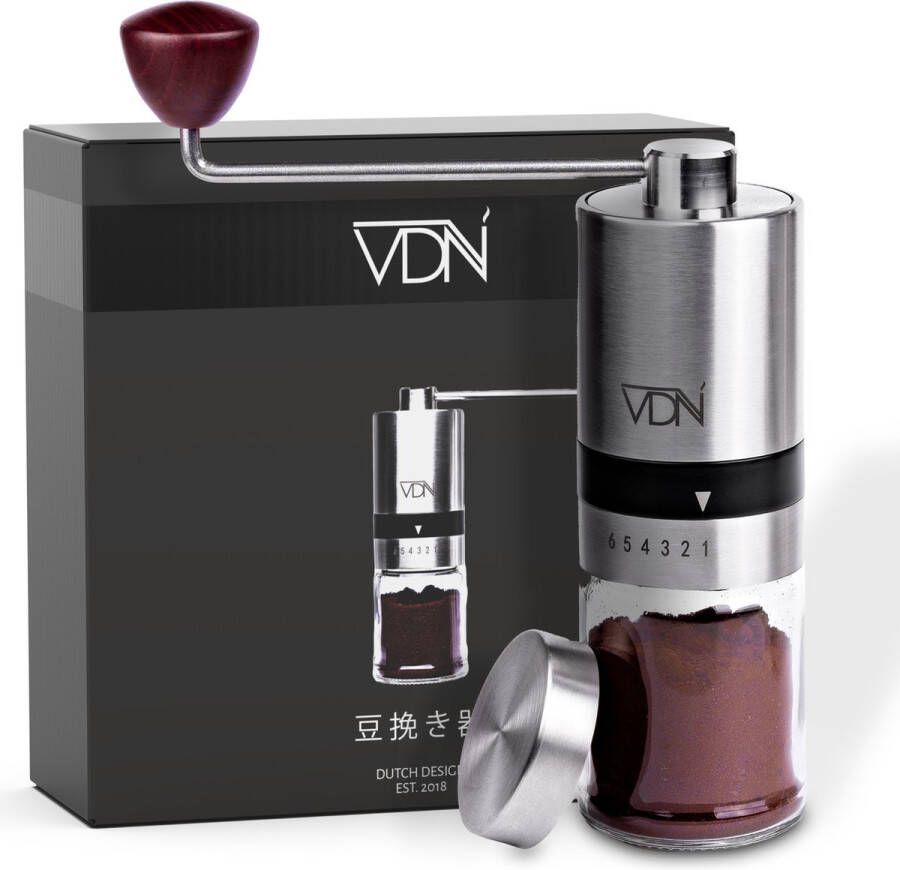 VDN Pro Koffiemolen – Handmatig – Bonenmaler Koffiebonen Maler – Koffiemaler stalen schijven – 6 verstelbare standen – Incl Deksel Kerstcadeau