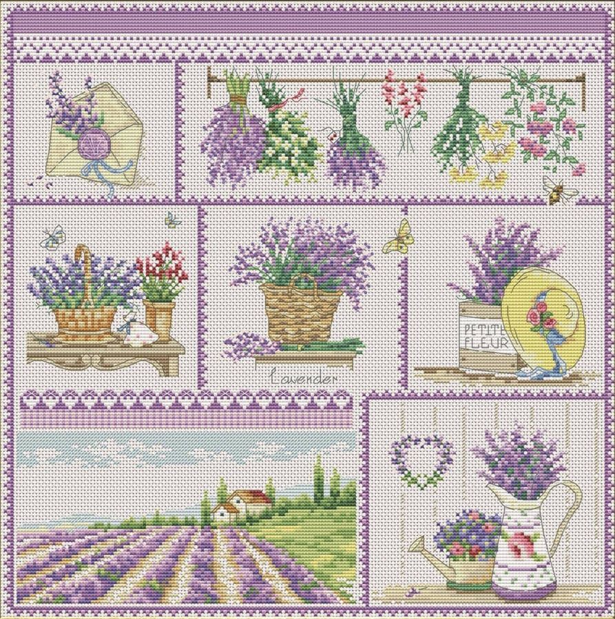 Vdv Borduurpakket Lavender Paradise Lavendel Paradijs DMC garens telpatroon om zelf te borduren
