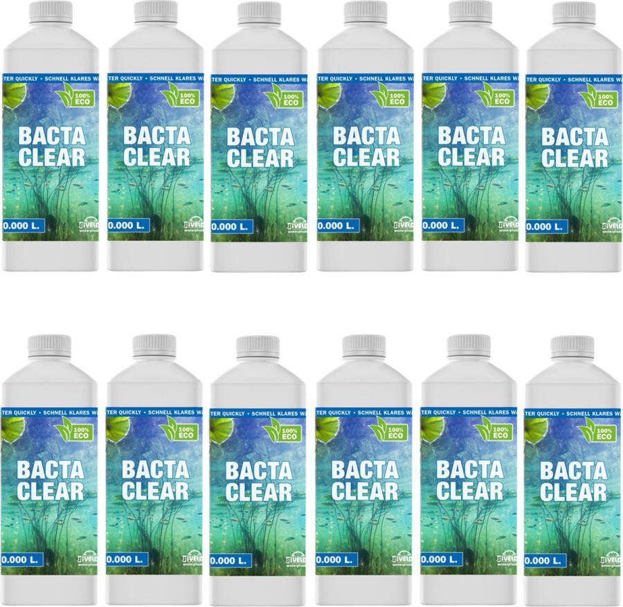 Vdvelde.com Bacta Clear Vijverbacteriën 1 Liter Algenbestrijding Vijver 12 flessen Bacterien Vijver en Algen Verwijderaar 100% Biologisch Draadalgen Bestrijdingsmiddel Van der Velde Waterplanten