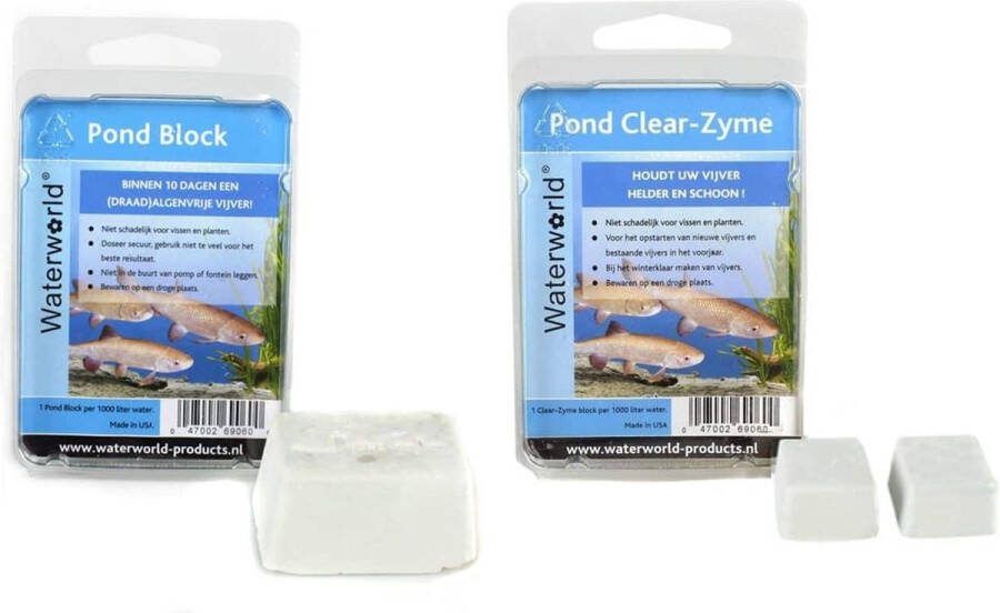 Vdvelde.com Combi Pond Block en Pond Clear-Zyme Vijver Algenbestrijding Weg met draadalgen 1 Pond block en 2 Clear-Zyme per 1000 liter water Van der Velde Waterplanten