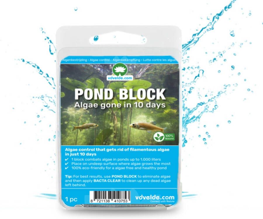 Vdvelde.com POND BLOCK Gebruik: 1 blok per 1.000 L In 10 dagen draadalg vrij Advies: combineer met Bacta Clear